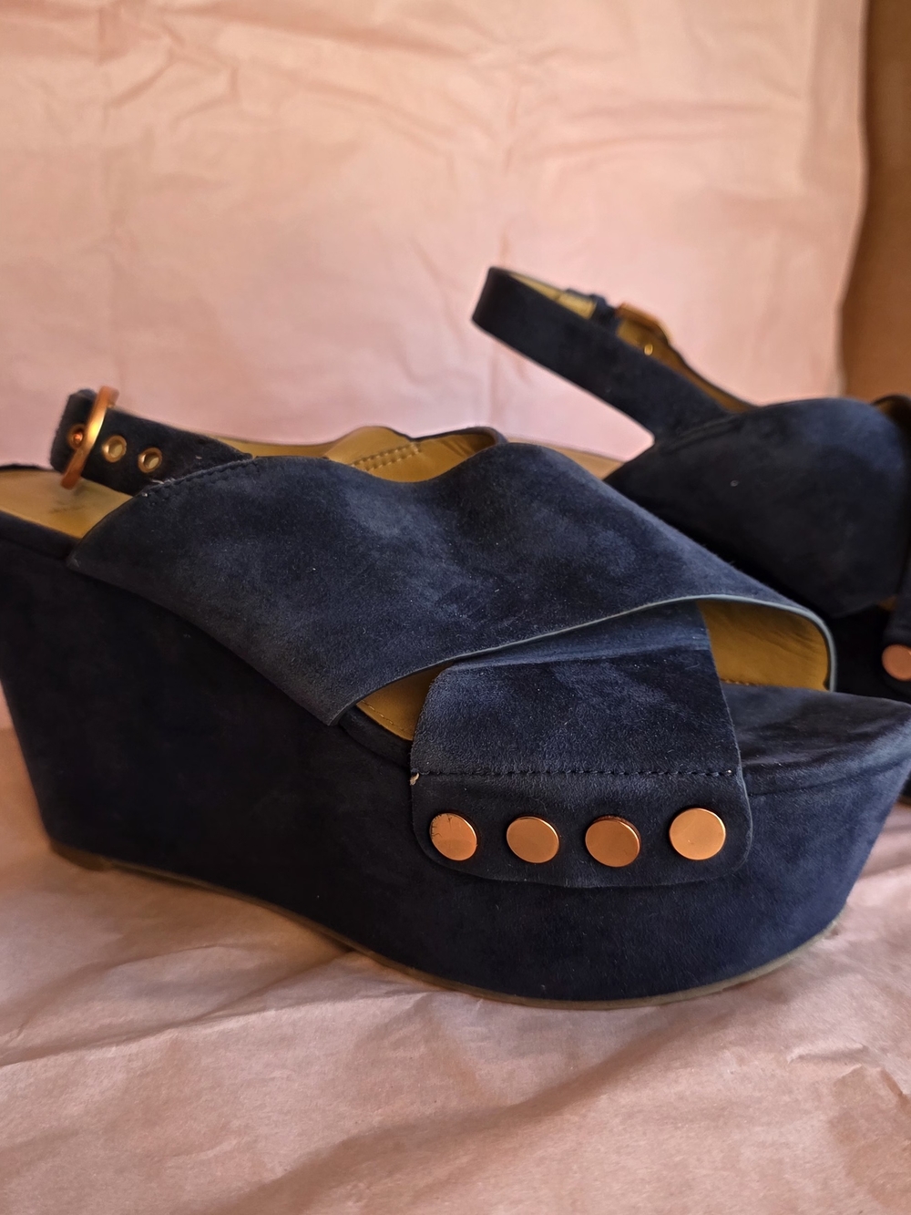 Marc Fisher Navy Suede Platform Wedge Sandals with Copper Studs